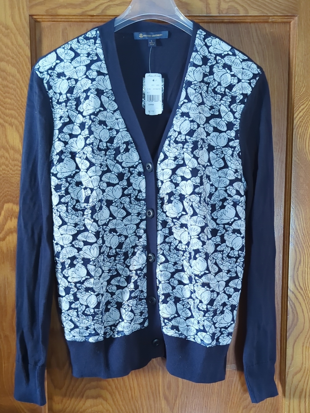 Brooks Brothers Navy Button Cardigan Sweater Classic Butterfly Print V Neck